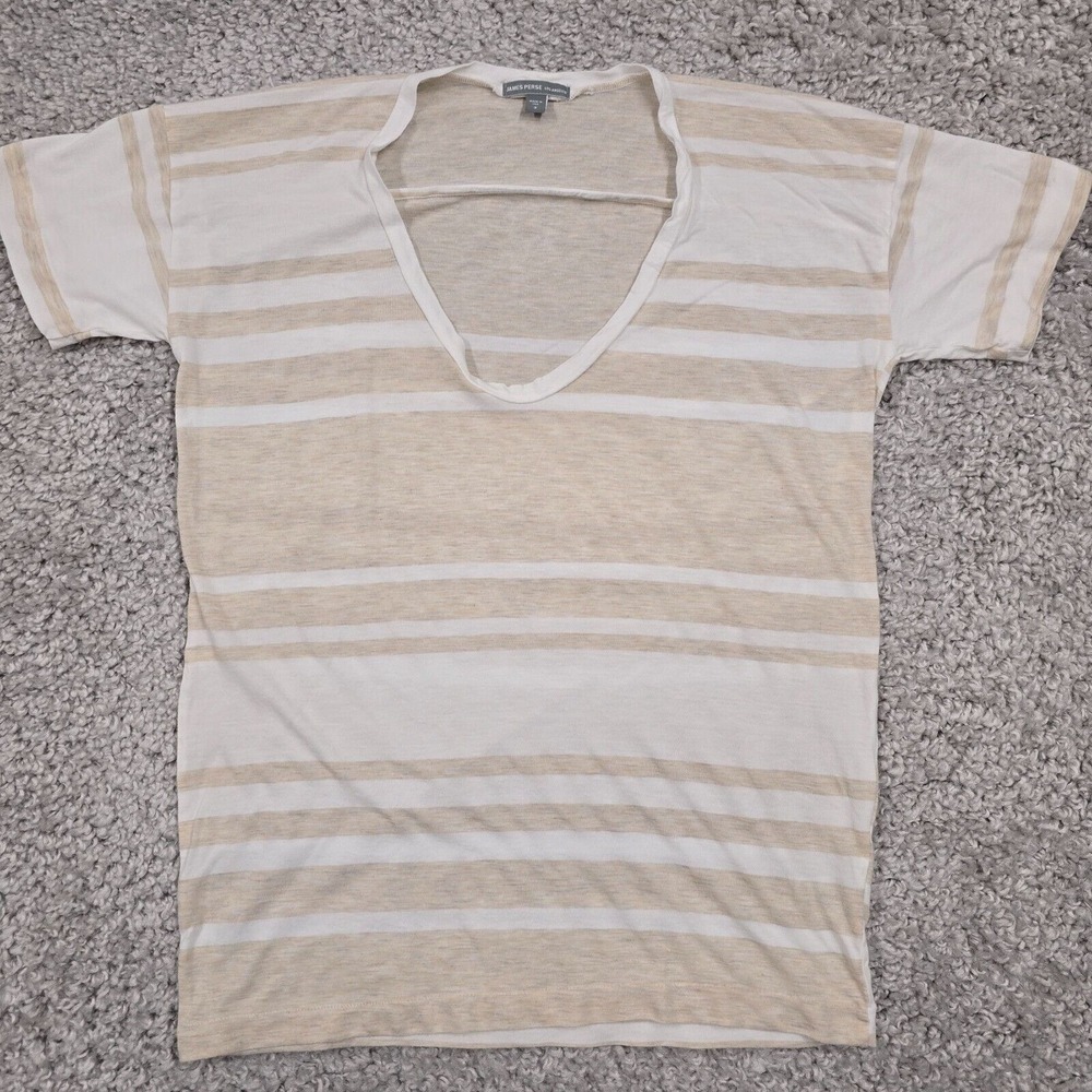 James Perse Womens Tan White Striped Scoop Neck Tee Size 3 (Large) Casual Basic